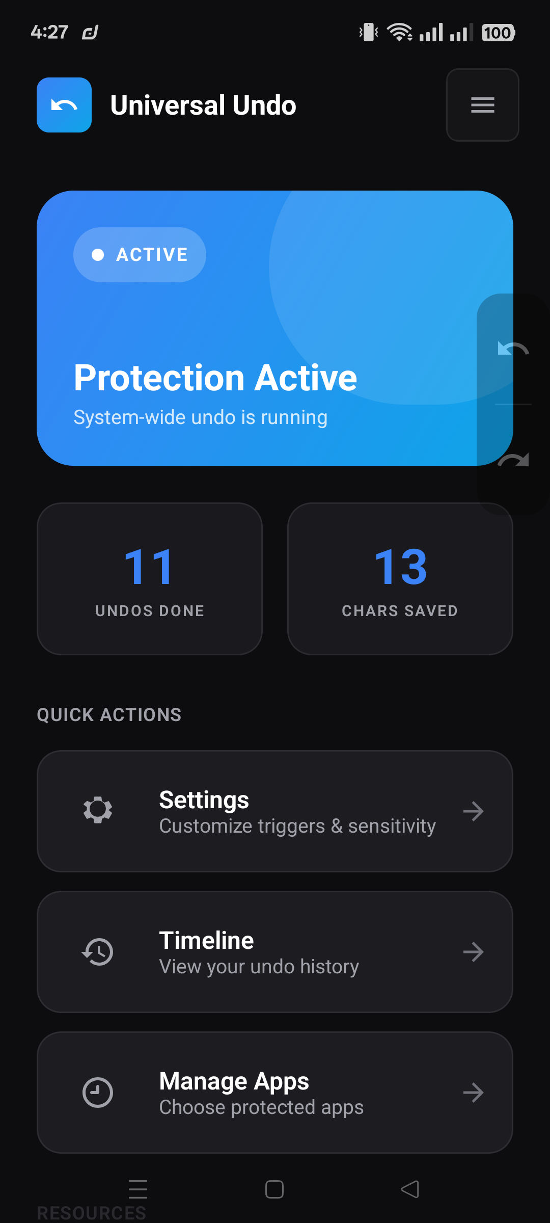 Universal Undo main screen showing the undo interface with accessibility service active
