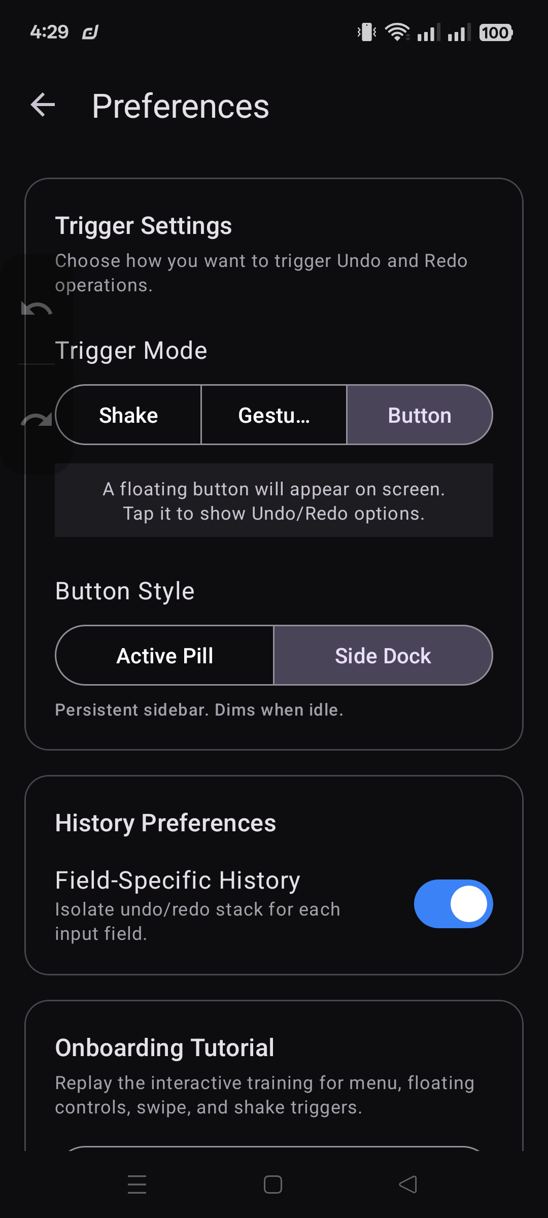 Preferences screen with trigger and history controls
