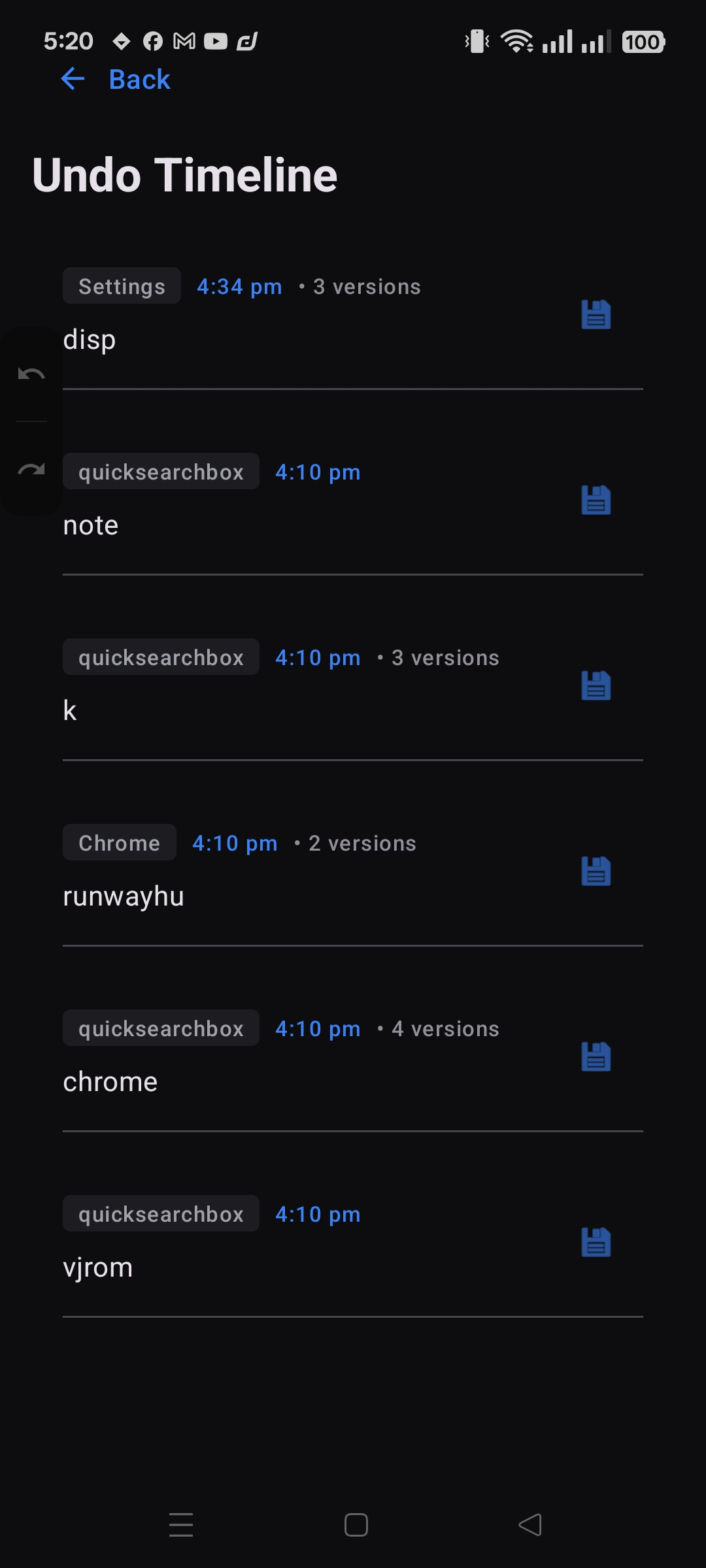 Text timeline view with grouped restore states